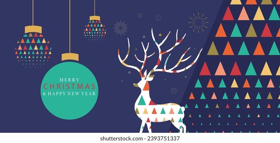 Christmas geometric banner background with christmas tree,reindeer.Editable vector illustration for postcard,horizontal size