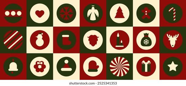 Christmas Geometric Banner in Bauhaus Style. Holiday season, Trendy, contemporary abstract design. Geometric seamless pattern with winter patterns in scandinavian style. Trendy colored pattern