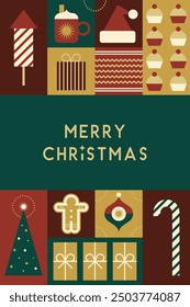 Christmas Geometric Bauhaus Background in Mosaic Block Style with Seamless Pattern for Backdrops, Greeting Cards, and Geometry-Ornamented Retro and Modern Design