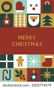 Christmas Geometric Bauhaus Background in Mosaic Block Style with Seamless Pattern for Backdrops, Greeting Cards, and Geometry-Ornamented Retro and Modern Design