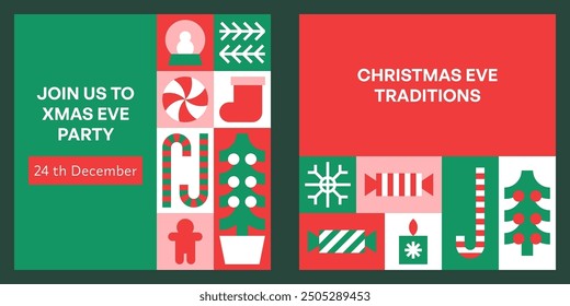 Christmas Geometric Bauhaus Background in Mosaic Block Style with Seamless Pattern, vector illustration