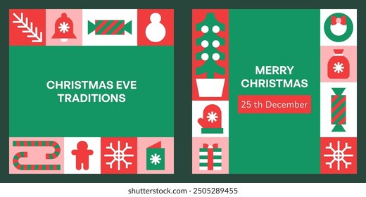 Christmas Geometric Bauhaus Background in Mosaic Block Style with Seamless Pattern, vector illustration