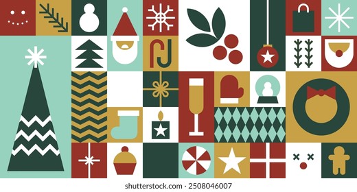 Christmas Geometric Bauhaus Background in Mosaic Block Style with Seamless Pattern, vector illustration