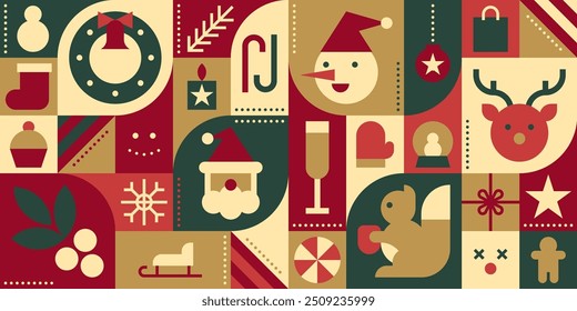 Christmas Geometric Bauhaus Background in Mosaic Block Style with Seamless Pattern, vector illustration