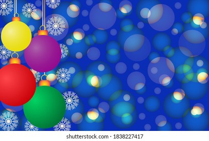 Christmas geometric bokeh background from circles of different sizes with openwork snowflakes and colorful Christmas balls on a blue background. Vector graphics for design and decoration.
