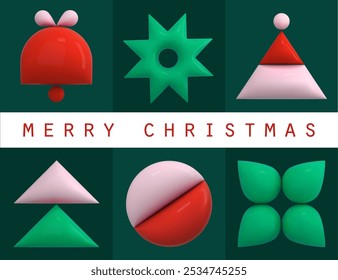 Navidades tarjeta geométrica. Fondo verde de la Navidad con los iconos mínimos de la temporada 3d. Patrón de invierno de temporada. Árbol de Navidad Abstractas, sombrero de Santa, bola, campana, estrella. Ilustración vectorial en estilo Bauhaus