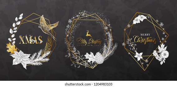 Christmas geometric frames with hand-drawn plants. Modern design for cards, invitations, brochures, banner, poster and more.Floral arrangements.Vector illustration