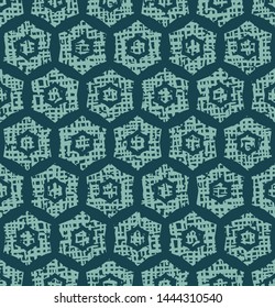 Christmas geometric hexagon grid seamless pattern. Hand drawn textured vector background. Festive xmas scrapbooking paper, yule all over print. Green white holidays stationery illustration backdrop