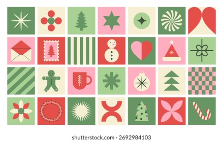 Christmas geometric horizontal background. Concept minimal season design. Green, pink, red and beige colors. Vector colorful illustration