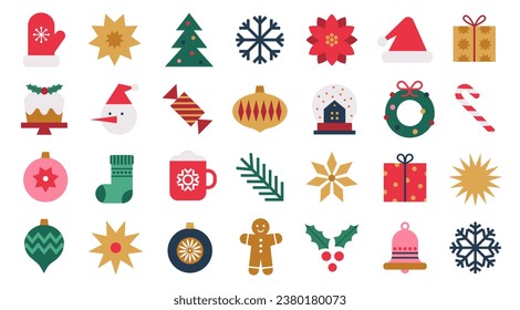 Christmas geometric icons. Holiday winter elements for pattern, background, greeting card, banner, cover. Trendy modern abstract design. Flat vector illustration.