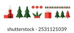 Christmas geometric icons set. Winter church, trees, red gift box, tangerines and mistletoe, vector flat illustration with Christmas design elements isolated on white background