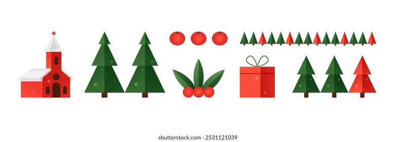 Conjunto de iconos geométricos de Navidades. Iglesia de invierno, árboles, caja de regalo roja, mandarinas y muérdago, ilustración plana de Vector con Elementos de diseño de Navidades aislados sobre fondo blanco