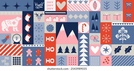 Christmas geometric new year posters in cartoon style. Holiday gifts, santa, christmas tree. Holiday pattern seasonal vector postcards in retro groovy style. picture for wall and for printing