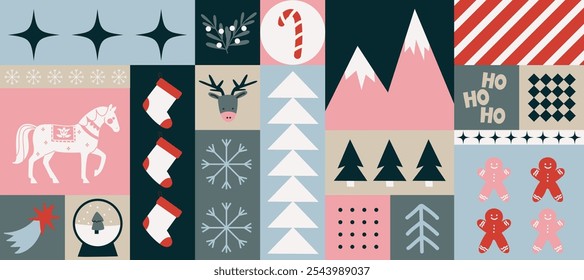 Christmas geometric new year posters in cartoon style. Holiday gifts, santa, christmas tree. Holiday pattern seasonal vector postcards in retro groovy style. picture for wall and for printing