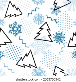 Christmas geometric pattern with fir tree. Abstract winter holiday nature background. Merry Christmas and Happy New Year greeting card design in 90s geometric style