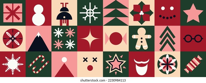 Patrón geométrico de Navidad. Elementos mínimos de mosaico, azulejos cuadrados ornamentales, formas simples diseño de empaquetado de cajas de regalo. Fondo del vector