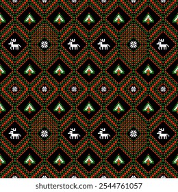 Christmas geometric pattern with Christmas trees, reindeer, and snowflakes in a black, red, and green color scheme. The design has a quilt-like, repeating diamond pattern with seasonal, Vector,carpet.