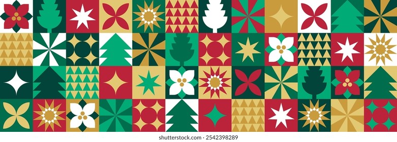 Navidades Patrón geométrico con árboles, estrellas y Elementos florales festivos Ilustración vectorial