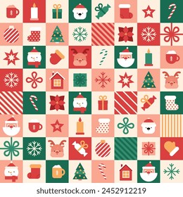 Christmas geometric pattern. Winter icons in tiles. Cute faces of Santa, deer, white bear and snowman, traditional New Year's minimalistic elements and graphics. Mosaic modern art. Vector illustration