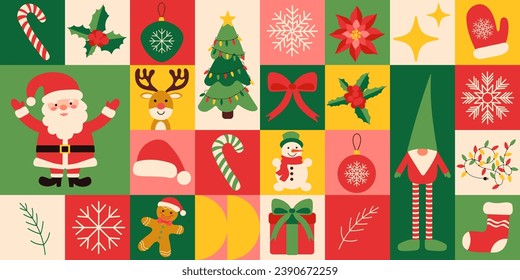 Patrón geométrico de Navidad con elementos de icono de Navidad. Diseño plano vectorial para carteles, afiches, banner, embalaje. Feliz Navidad y Feliz Año Nuevo.