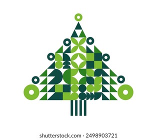 Navidades de pino geométrico de patrón moderno abstracto, Anuncio de vacaciones de Vector. Árbol de Navidad en patrón de Formas simples con mosaico de adornos circulares y ramas geométricas verdes para las vacaciones de invierno