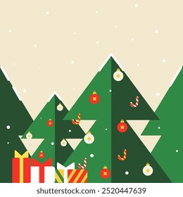 Christmas geometric pine tree of abstract modern illustration with gifts, vector holiday banner, postcard, poster, background