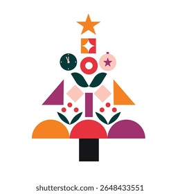 Christmas geometric pine tree of abstract bauhaus pattern, vector holiday banner. Xmas ornament of simple shapes with circle baubles mosaic and green geometric branches for web, mobile, post card