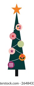 Christmas geometric pine tree of abstract bauhaus pattern, vector holiday banner. Xmas ornament of simple shapes with circle baubles mosaic and green geometric branches for web, mobile, post card