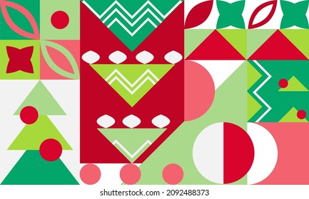 Christmas geometric rectangular pattern. Green, red, pink and light green forms. Association with a tree, balls, figures.