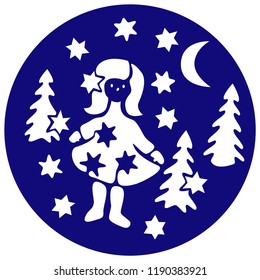 Christmas geometric round decoration with girl,  month, stars and  tree. Vector xmas paper cutting ornamental panel. Die cut card. Template. Window art. Simple Illustration. Die cut. 
