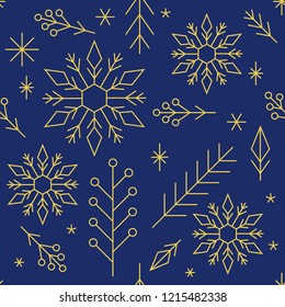 Christmas geometric seamless background pattern, snowflakes, gold ornaments on dark blue, wrapping paper