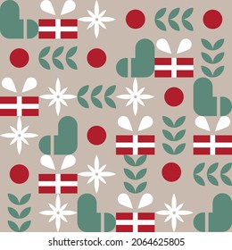 Christmas geometric seamless bauhaus pattern, branches with Christmas socks, berry, cranberry, shapes, colorful, circle, gift