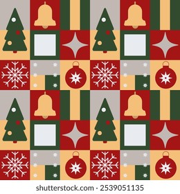 Navidades geométricas sin patrón en estilo Bauhaus. Copo de nieve, abeto, campana, estrella, árbol de Navidad de juguete. Vector. EPS 10.