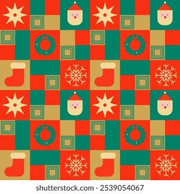 Christmas geometric seamless pattern in Bauhaus style. Star, Santa's head, Christmas wreath, snowflake,stocking. Vector. EPS 10.