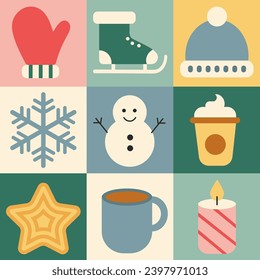 Christmas geometric seamless pattern. Colorful holiday icons elements. Modern winter design for greeting cards, posters, wrapping, pack paper.