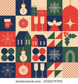 Navidades Patrón geométrico sin fisuras. Tarjeta retro colorida en estilo plano. Plantillas del Vector