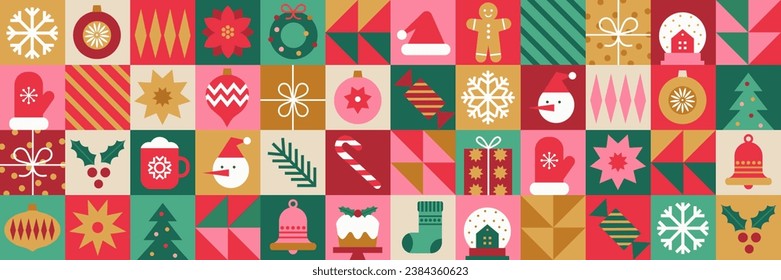 Christmas geometric seamless pattern with holiday icons elements   for wrapping paper, background, wallpaper. Trendy modern contemporary abstract print. Red, green, gold colors.