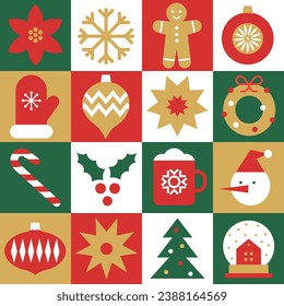 Christmas geometric seamless pattern with holiday icons elements  for wrapping paper, background, wallpaper. Trendy modern contemporary abstract print. Red, green, gold colors.