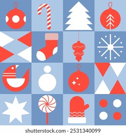 Christmas geometric seamless pattern with holiday icons elements for wrapping paper, background, wallpaper. Trendy modern contemporary abstract print.