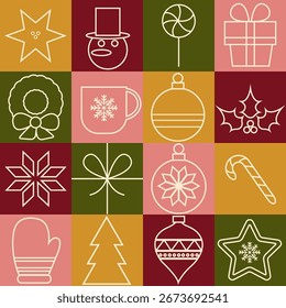Patrón geométrico de Navidades sin fisuras con iconos de vacaciones. Impresión minimalista moderna del arte de la línea. Fondo abstracto contemporáneo para papel de regalo, fondo, Fondo de pantalla.