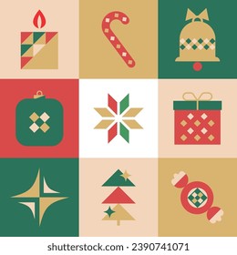 Patrón geométrico de Navidad sin fisuras con elementos de iconos. Vector
