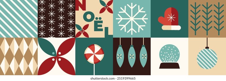 Christmas geometric seamless pattern, mosaic elements. Christmas, Noel symbols, bauhaus style