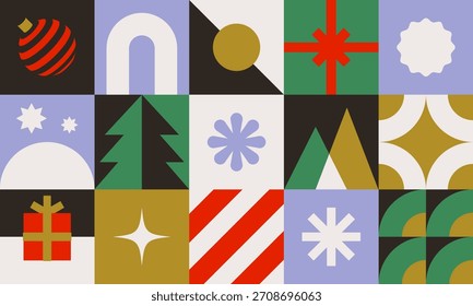 Weihnachten geometrische nahtlose Muster mit Retro-Farben. Minimalistisches Raster mit abstrakten Winterferiensymbolen. Einfache und saubere Grafiken in quadratischen Formen. Skandinavisches Design. EPS10-Vektor.