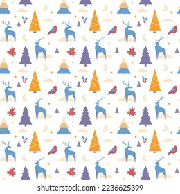 Christmas geometric seamless pattern with spruces, deer, fir trees and red bird on white background. Winter holiday. Design for greeting cards, wrapping paper, banners and promo. Xmas vector