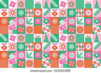 Navidades geométricas sin patrón con iconos cuadrados Elementos. Diseño abstracto de moda en estilo minimalista plano. Ilustración vectorial para tela, textil, papel de embalaje, Anuncio.