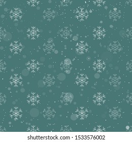 Christmas geometric seamless pattern with white snowflakes on green background. Winter holidays cute outline pattern Holiday design decoration. Textiles, wrapping paper, packaging, wallpaper design. 