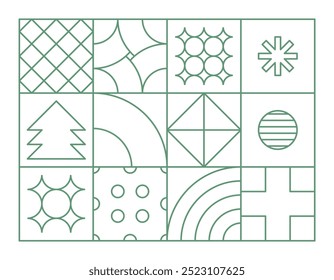 Christmas geometric shapes green outline background.