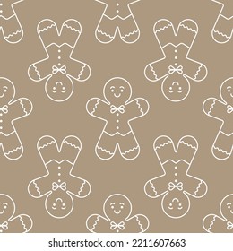 Christmas geometric simple line seamless pattern with gingerbread men cookies.