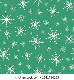 Christmas geometric snowflake seamless pattern background. Hand drawn tossed seasonal vector repeat design in green and white.