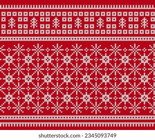 Weihnachtsgeometrische Struktur mit Baum und Schneeflocken. Nahtloses Muster knacken. Weihnachten Winterdruck. Gezwirnter Pullover-Hintergrund. Weihnachtsmesse isle traditionelles Ornament. Vektorgrafik.